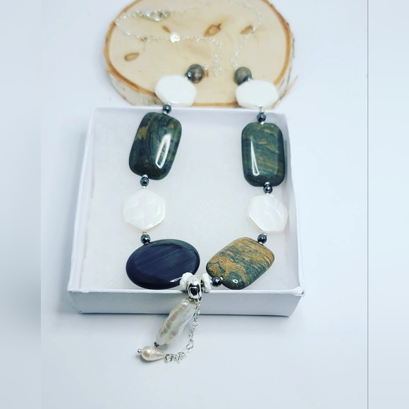 Baroque Pearl, Imperial Jasper Stainless steel chain necklace - Picture 2 of 5